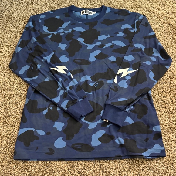 Bape Blue and Black Long Sleeve Camouflage Tee - Picture 1 of 4